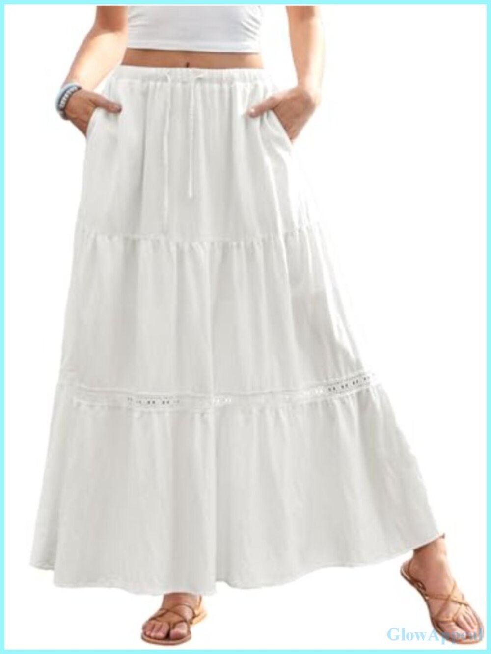 Women's Boho Lace Trim Swing Tiered Maxi Skirt High Waisted A-Line Flowy Long